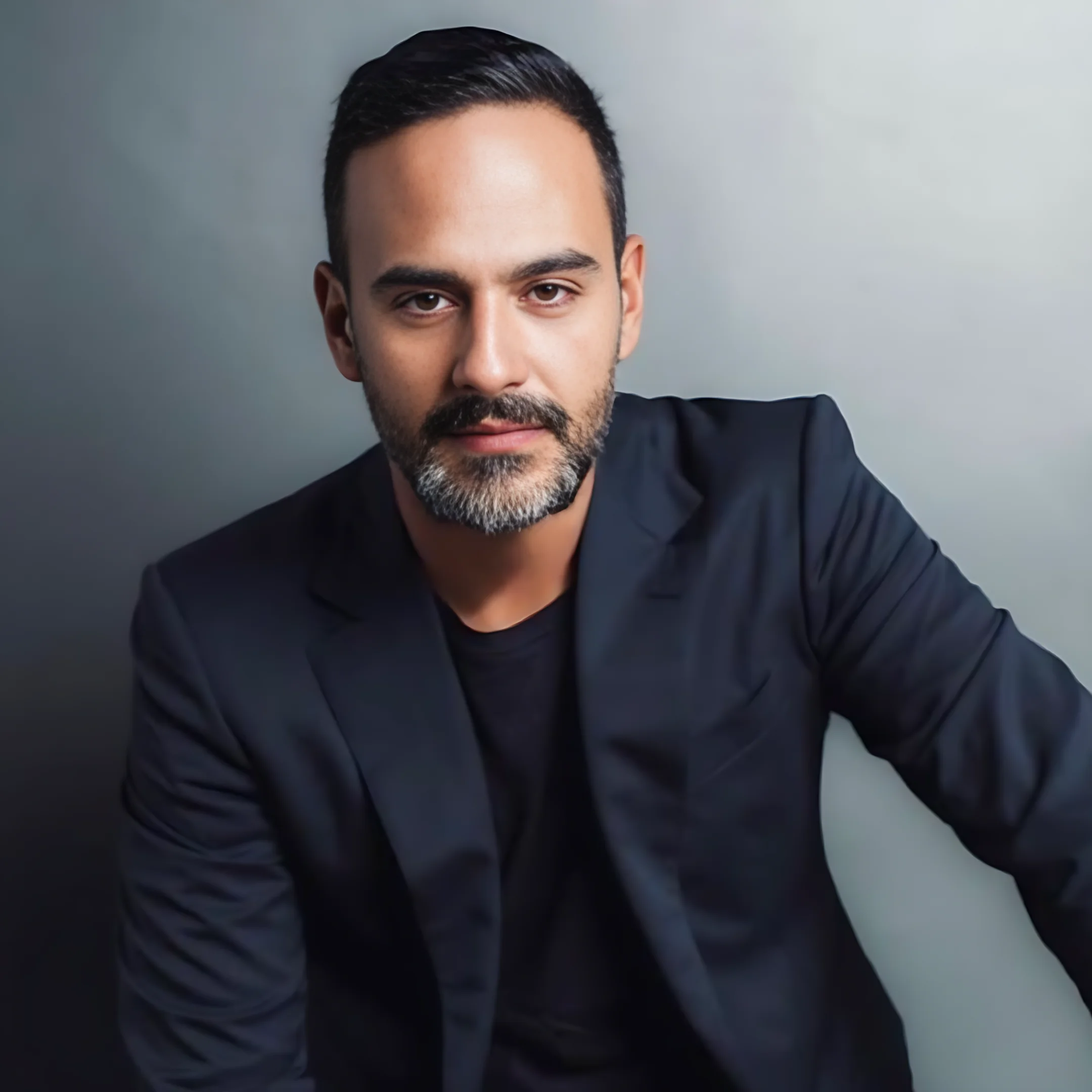 Retrato profissional do Dr. Marcelo Marins, médico especialista em medicina integrativa e acupuntura, vestindo um blazer preto e com expressão confiante, em um fundo neutro.